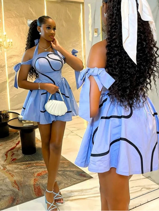 Bowknot Halter Neck Geometric Striped Swing Dress - Streetwear Party Dress | EverHype 2026 - EverHype