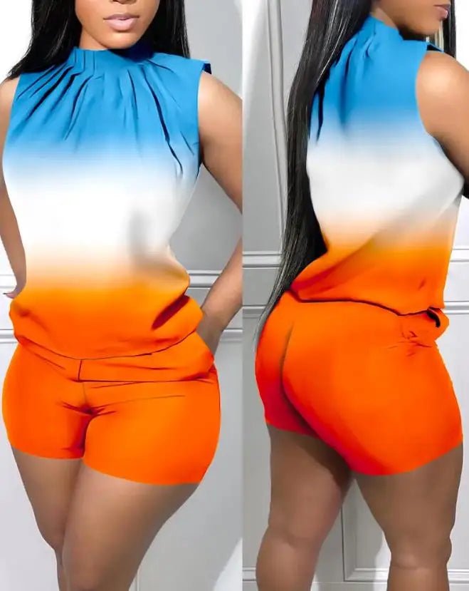 Two Piece Sets Womens Outifits Summer Fashion Denim Look Print Casual Mock Neck Sleeveless Tank Top & Pocket Design Shorts Set - EverHype