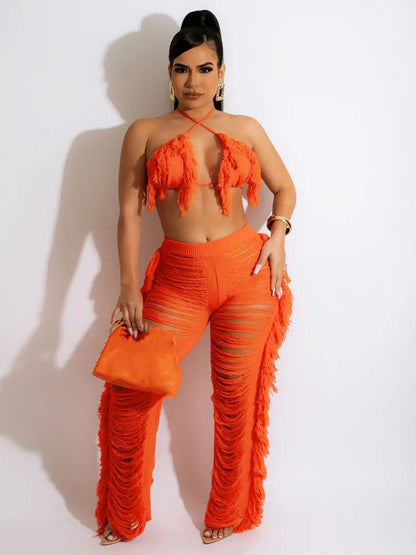 JRRY Sexy Women Knitted Set Two Pieces Set Halter Backless Bra Top Pants Crocheted 2 Pieces Set Hollow Out Crochet Beach Wear - EverHype