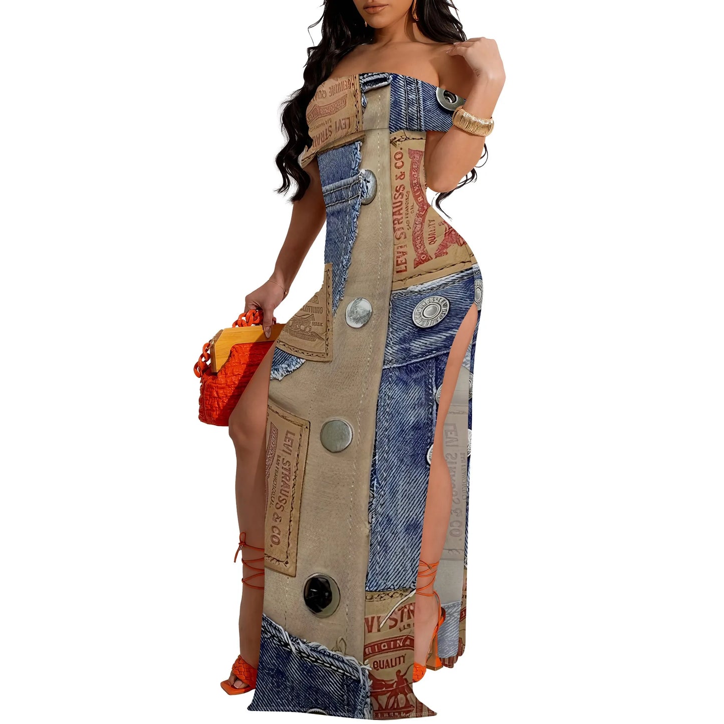 Denim Off - Shoulder Maxi Dress - Sexy High Slit Party Dress | EverHype - EverHype