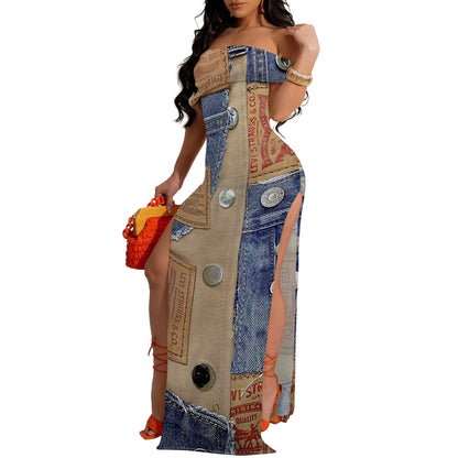 Denim Off - Shoulder Maxi Dress - Sexy High Slit Party Dress | EverHype - EverHype