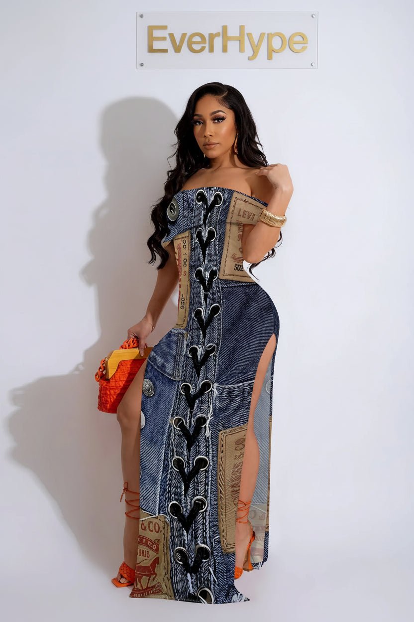 Denim Off - Shoulder Maxi Dress - Sexy High Slit Party Dress | EverHype - EverHype