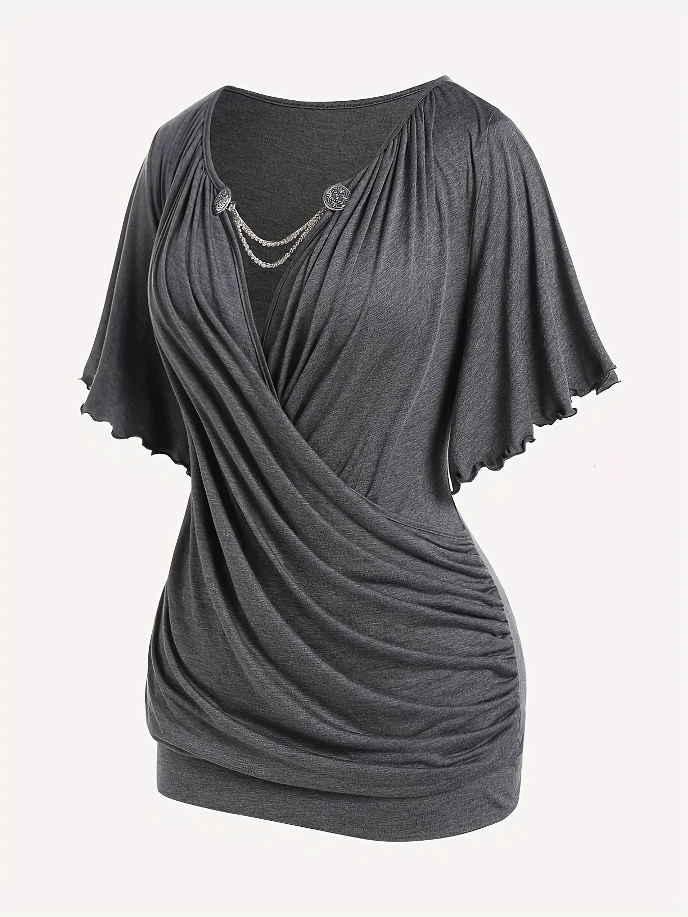 European and American new hit fashion women's pleated chain embellished V - neck plus - size T-shirt top - EverHype