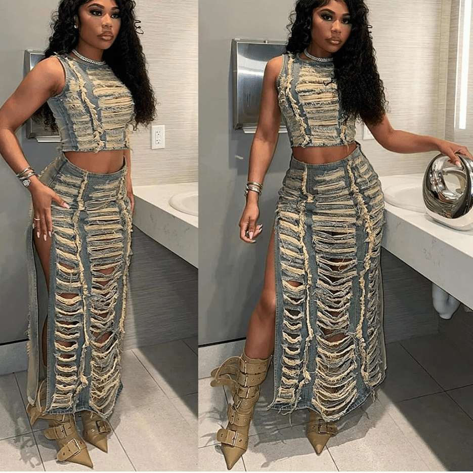 Denim 2 - Piece Set - Hollow Crop Top & Slit Skirt Outfit for Women - EverHype