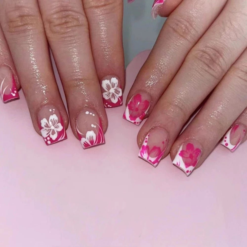24Pcs Short Square Head Fake Nail with Colorful Flower Designs Wearable French False Nails Ballet Finished Jelly Stick on Nails - EverHype
