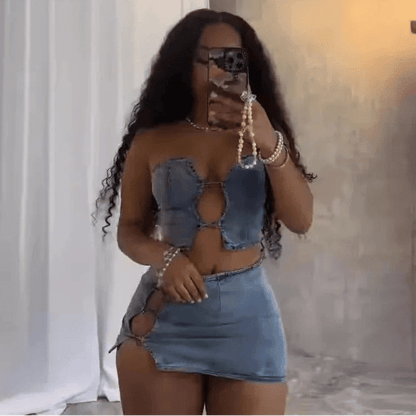 Denim 2 - Piece Set - Strapless Top & Mini Skirt Matching Outfit for Women - EverHype