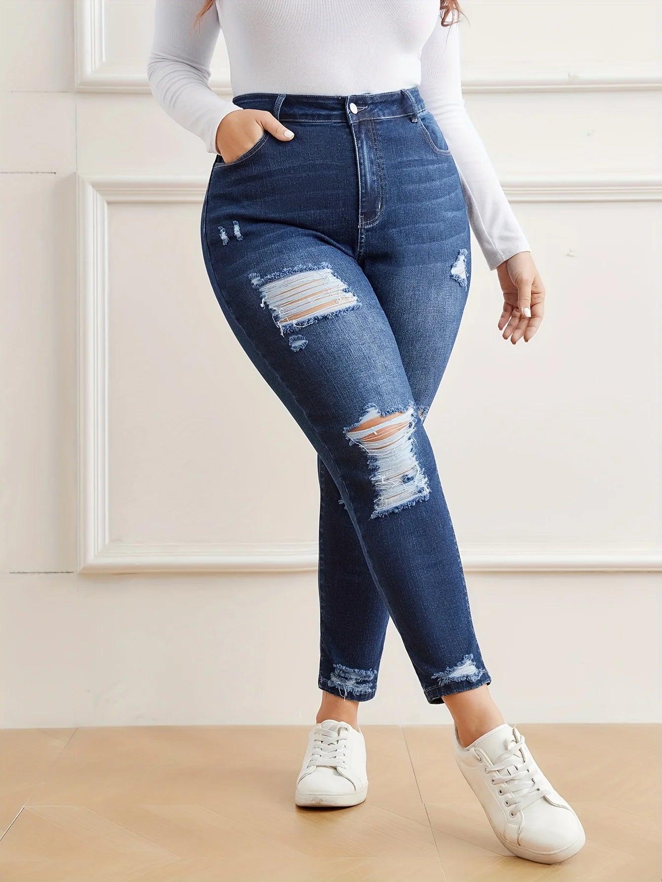 Women's plus size ripped jeans tight hip lifting - EverHype