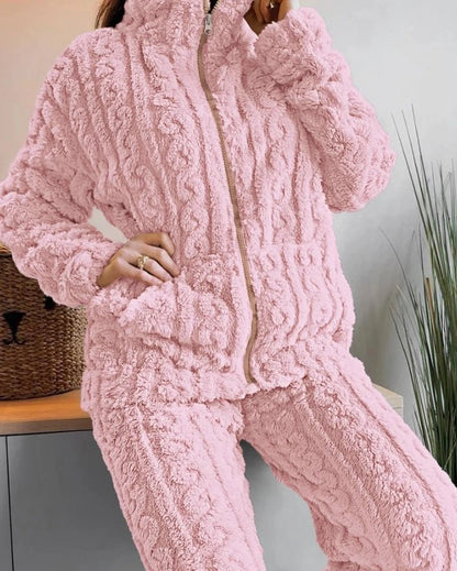 Women's Fuzzy Teddy 2 - Piece Set - Zip - Up Top & Pants Outfit | Autumn Loungewear - EverHype
