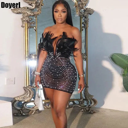 Sexy Feather Rhinestone Dress - Backless Diamond Mesh Bodycon | Birthday Party - EverHype