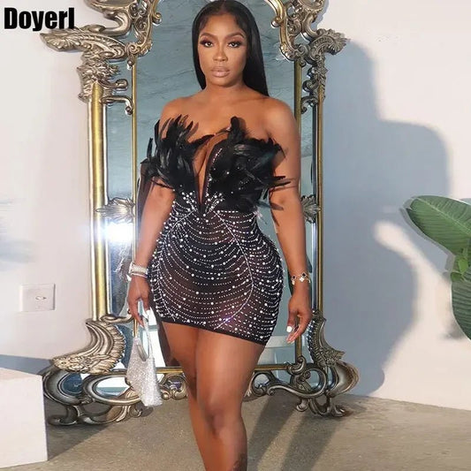 Sexy Feather Rhinestone Dress - Backless Diamond Mesh Bodycon | Birthday Party - EverHype