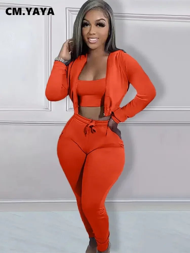 CM.YAYA Women Sportwear Fashion 3 - piece Set Outfits Hooded Track Jacket + Tank + Jogger Pants Suit Active Tracksuit Sweatsuit - EverHype