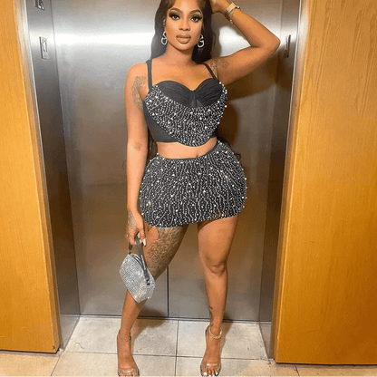 Diamond Rhinestone Midi Skirt & Strap Crop Top Set - 2 - Piece Sexy Party Outfit | EverHype 2026 - EverHype