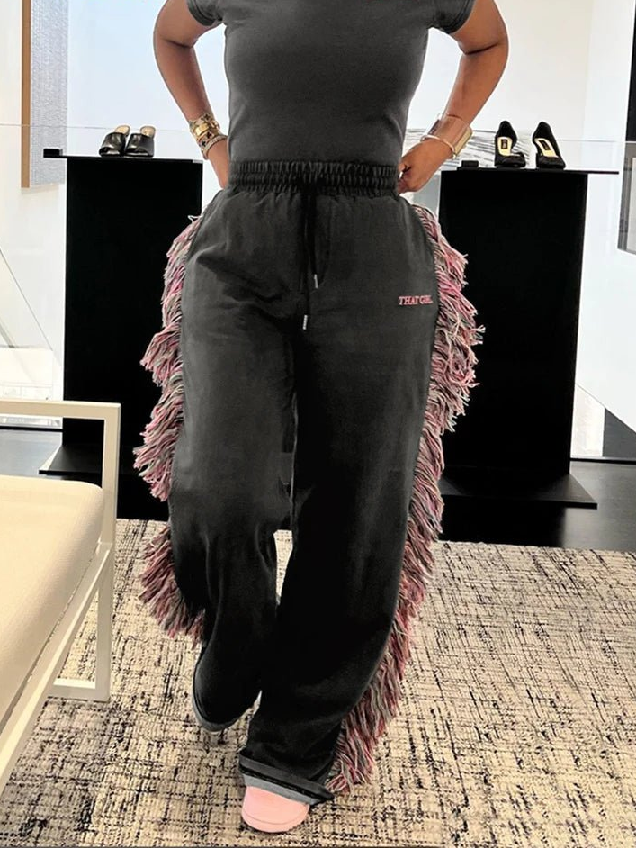 Weird Puss Casual Women 2 Piece Set Tracksuit Sporty Letter Embroidery Crop Tops+Side Tassel Straight Pants Matching Streetwear - EverHype