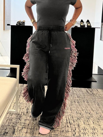 Weird Puss Casual Women 2 Piece Set Tracksuit Sporty Letter Embroidery Crop Tops+Side Tassel Straight Pants Matching Streetwear - EverHype