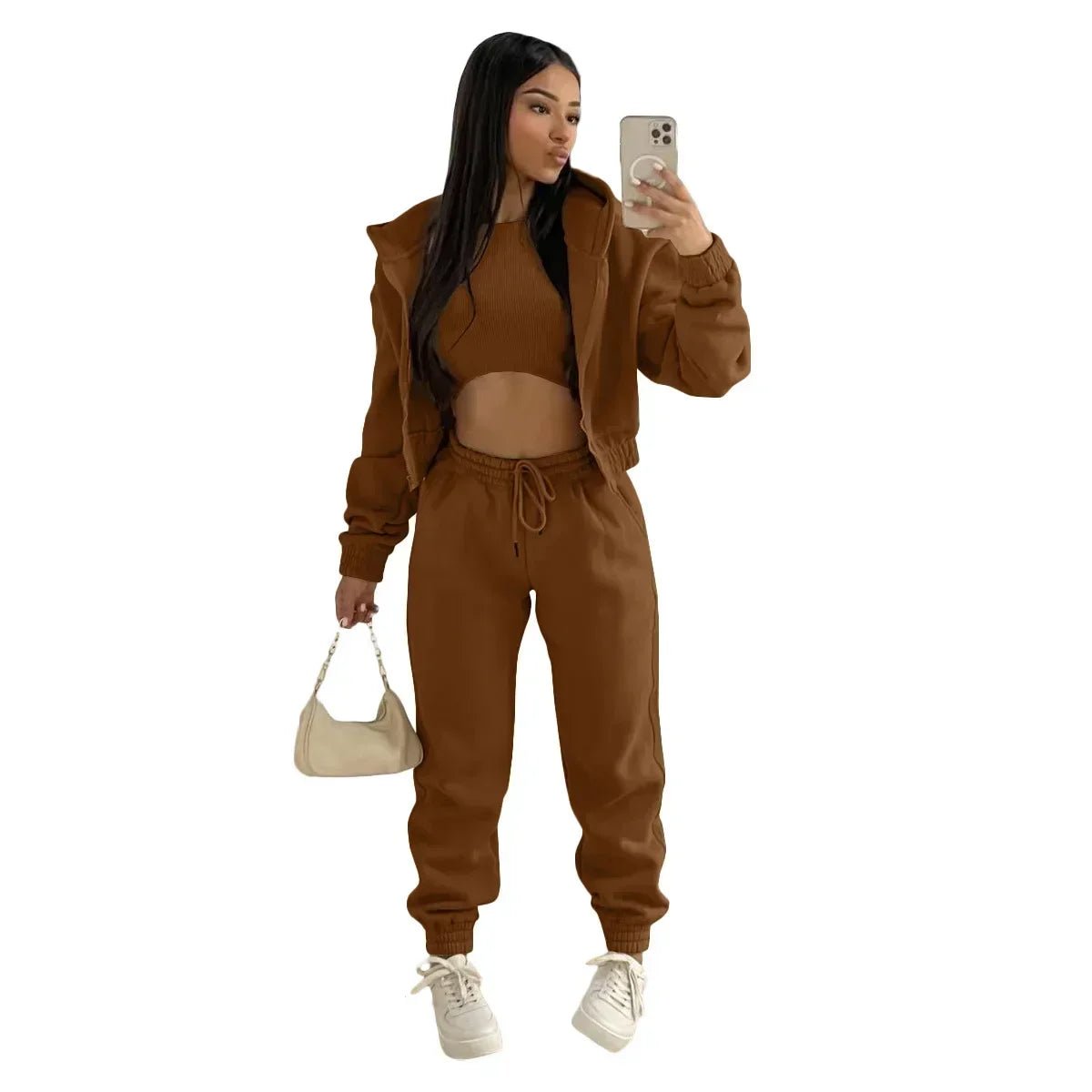 3pcs Women's Clothing Set Fleece - lined Hooded Sweater &Sleeveless Tank Top & Sports Sweatpants Pants - EverHype