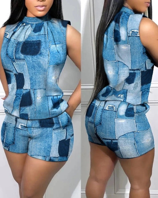 Two Piece Sets Womens Outifits Summer Fashion Denim Look Print Casual Mock Neck Sleeveless Tank Top & Pocket Design Shorts Set - EverHype