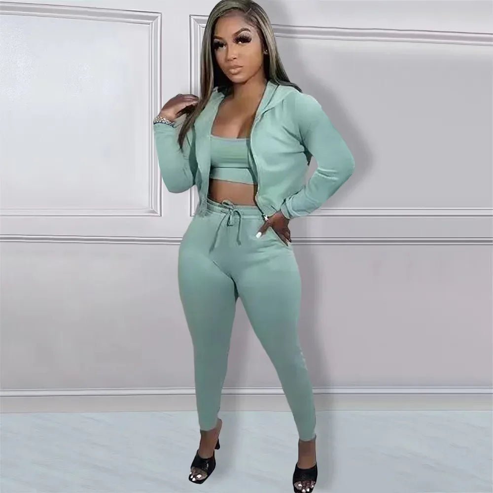 CM.YAYA Women Sportwear Fashion 3 - piece Set Outfits Hooded Track Jacket + Tank + Jogger Pants Suit Active Tracksuit Sweatsuit - EverHype