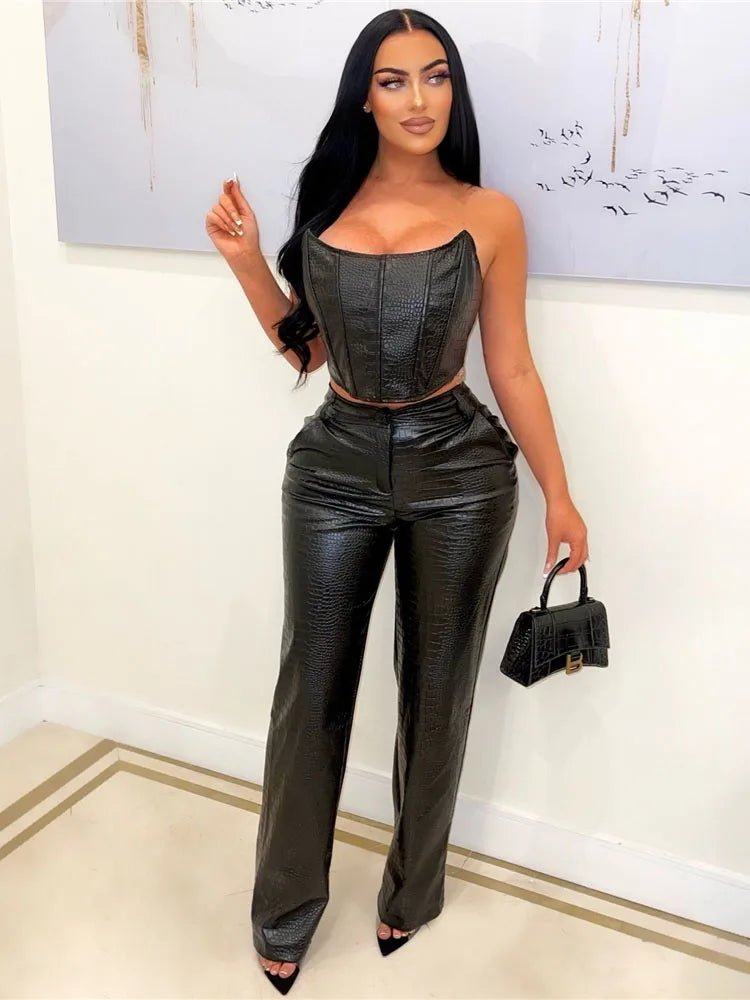 Women's Green Corset Jumpsuit - Cut - Out Cargo PU Leather 2 - Piece Set | Sexy Clubwear - EverHype
