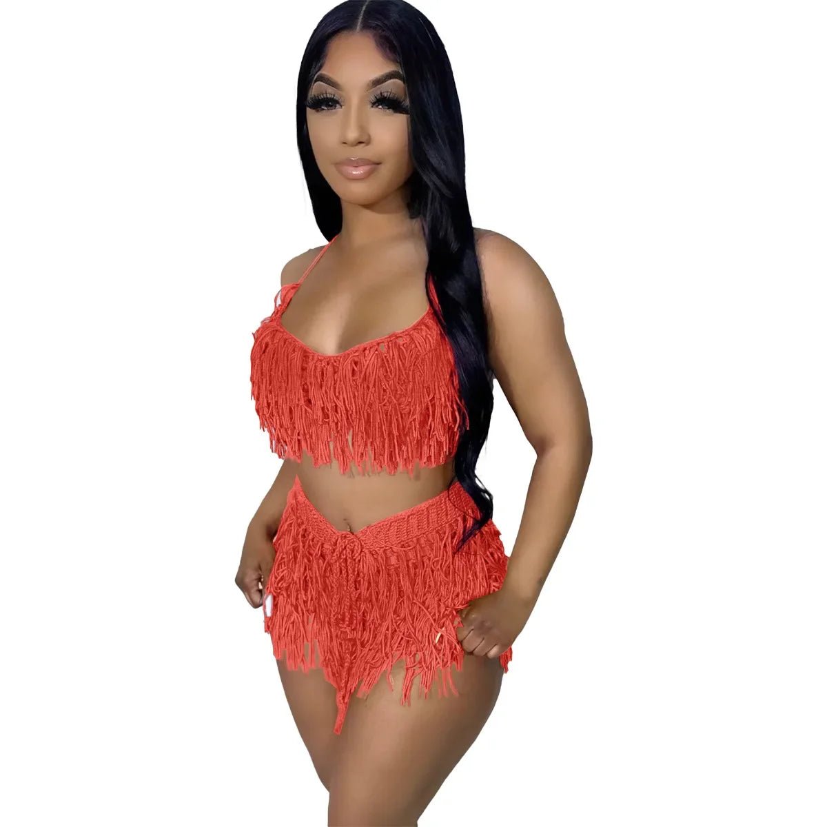 Women's Crochet Beach Set - See - Through Knit Fringed 2 - Piece | Summer Vacation Outfit - EverHype