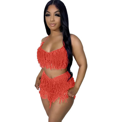 Women's Crochet Beach Set - See - Through Knit Fringed 2 - Piece | Summer Vacation Outfit - EverHype