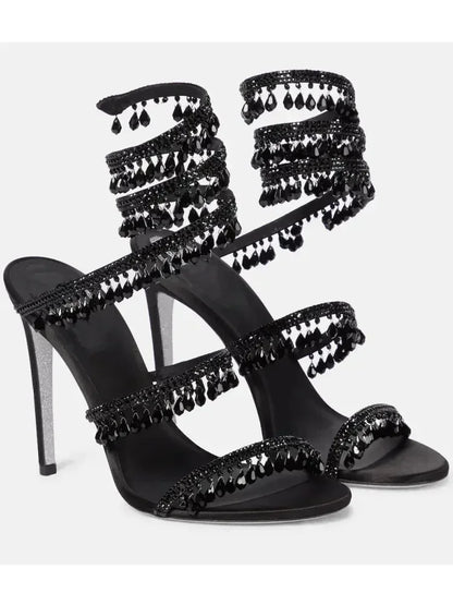 2025 Women's New Fashion Tassel Crystal Shoes Sexy Banquet Party Stiletto High Heels Women's Large Sandals Dance Shoes - EverHype