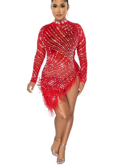 Luxury Feather Rhinestone Dress - Sheer Mesh Short Party Dress | Birthday & Evening - EverHype