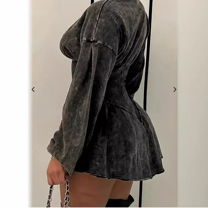 CM.YAYA Women Long Sleeve Zipper Ruched Tunic High Waist Flare Jumpsuit Washed Streetwear Chic One Piece Suit Romper Playsuit - EverHype