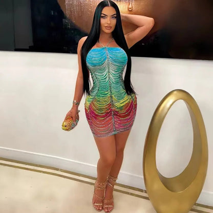 Rainbow Crystal Tassel Dress - Halter Neck Bodycon Midi | Evening Party Dress - EverHype