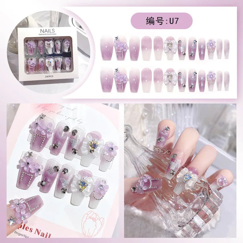 24pcs/box Luxury Pink Long Coffin Fake Nails Y2K Moon Star Rhinestones Press On Nails Handmade Full Cover Reusable False Nails - EverHype