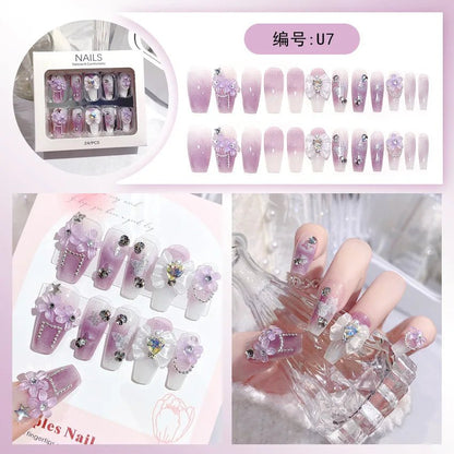 24pcs/box Luxury Pink Long Coffin Fake Nails Y2K Moon Star Rhinestones Press On Nails Handmade Full Cover Reusable False Nails - EverHype
