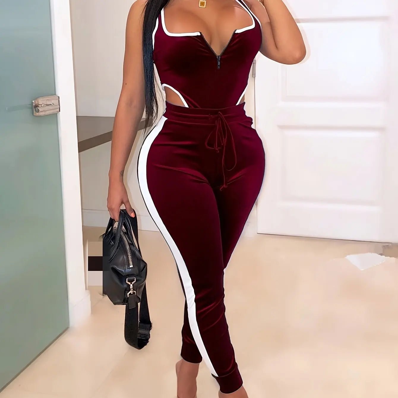 Sexy Bodycon 2pcs Set, Sleeveless Cut Out Bodysuit & High Waist Stretchy Pants, Women's Clothing - EverHype