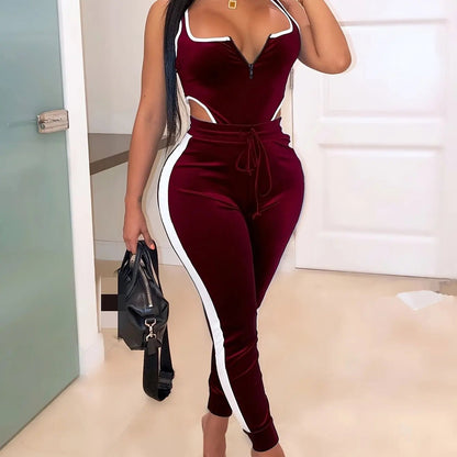 Sexy Bodycon 2pcs Set, Sleeveless Cut Out Bodysuit & High Waist Stretchy Pants, Women's Clothing - EverHype