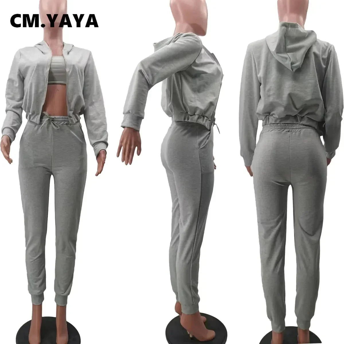 CM.YAYA Women Sportwear Fashion 3 - piece Set Outfits Hooded Track Jacket + Tank + Jogger Pants Suit Active Tracksuit Sweatsuit - EverHype