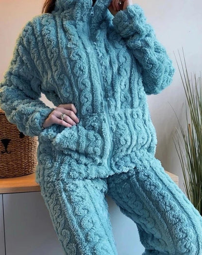 Women's Fuzzy Teddy 2 - Piece Set - Zip - Up Top & Pants Outfit | Autumn Loungewear - EverHype