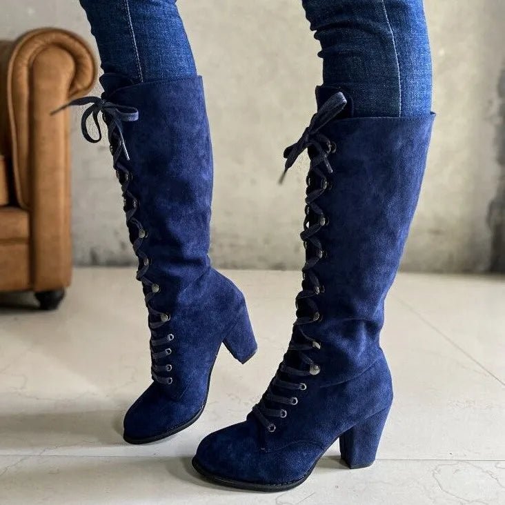 Winter Women Boots Shoes Fashion Vintage Lace - up Boots Women Round Cowboy High Heels Booties Shoes Woman Botas Mujer - EverHype