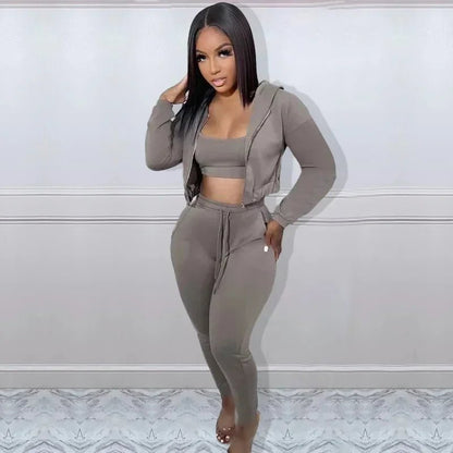 CM.YAYA Women Sportwear Fashion 3 - piece Set Outfits Hooded Track Jacket + Tank + Jogger Pants Suit Active Tracksuit Sweatsuit - EverHype