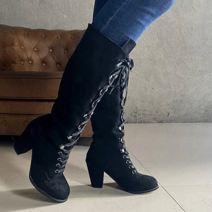 Winter Women Boots Shoes Fashion Vintage Lace - up Boots Women Round Cowboy High Heels Booties Shoes Woman Botas Mujer - EverHype