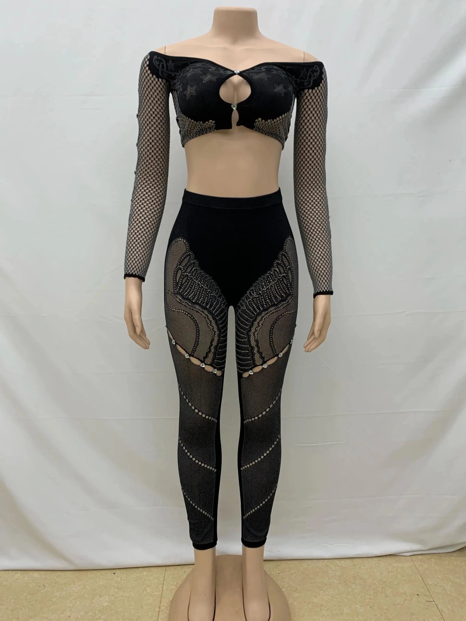 Rhinestone Hollow Slash Neck Crop Top & Patchwork Leggings Set - 2 - Piece Clubwear | EverHype 2026 - EverHype