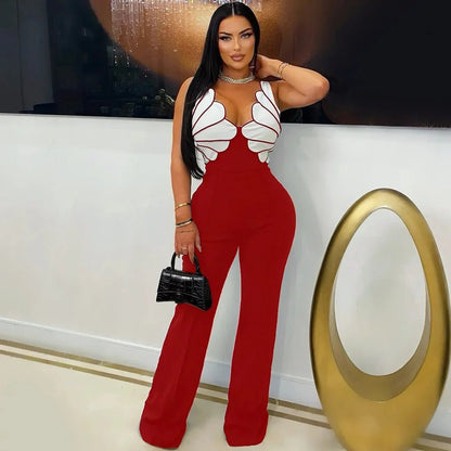 CM.YAYA Women V - Neck Backless Wide Leg Straight Sleeveless Jumpsuits 2025 Spring Patchwork Sexy One Piece Set Streetwear Outfits - EverHype