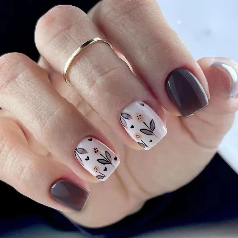 24Pcs Short Square Head Fake Nail with Colorful Flower Designs Wearable French False Nails Ballet Finished Jelly Stick on Nails - EverHype