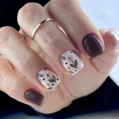 24Pcs Short Square Head Fake Nail with Colorful Flower Designs Wearable French False Nails Ballet Finished Jelly Stick on Nails - EverHype