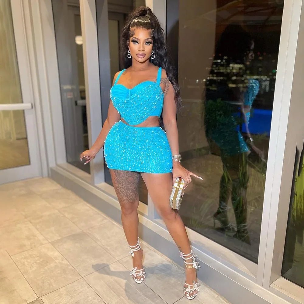 Diamond Rhinestone Midi Skirt & Strap Crop Top Set - 2 - Piece Sexy Party Outfit | EverHype 2026 - EverHype