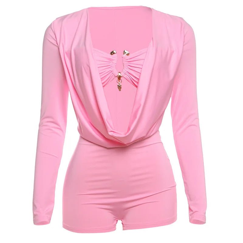 Jumpsuits for Women Sexy Deep V Neck Long Sleeve Romper Solid Color Bodycon Shorts Jumpsuit Club Wear One Piece Going Out Outfit - EverHype