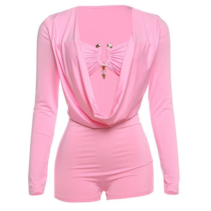 Jumpsuits for Women Sexy Deep V Neck Long Sleeve Romper Solid Color Bodycon Shorts Jumpsuit Club Wear One Piece Going Out Outfit - EverHype