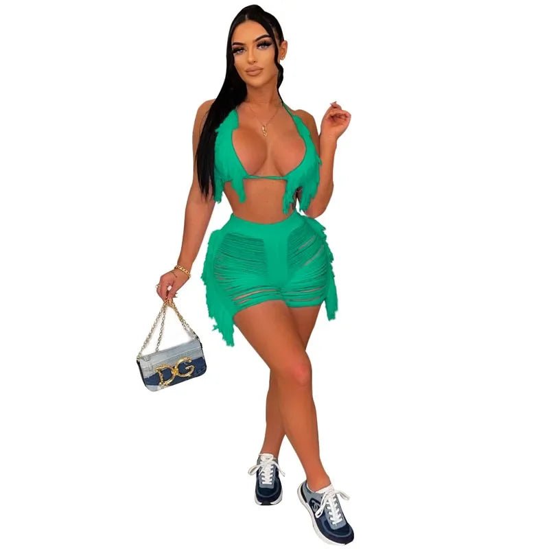 Knitted Bikini 2 - Piece Set - Sexy Cut Out Tassel Shorts | Beach Wear Outfit - EverHype