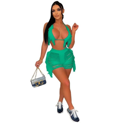 Knitted Bikini 2 - Piece Set - Sexy Cut Out Tassel Shorts | Beach Wear Outfit - EverHype