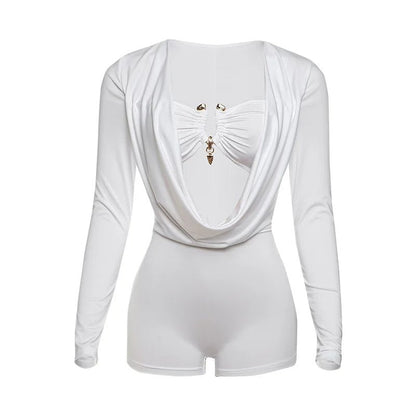 Jumpsuits for Women Sexy Deep V Neck Long Sleeve Romper Solid Color Bodycon Shorts Jumpsuit Club Wear One Piece Going Out Outfit - EverHype