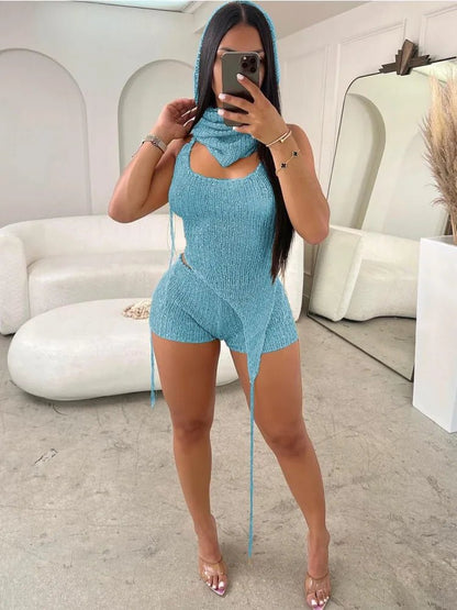 Joskaa Sequins Knit Beach 3 Piece Sets Women Sexy Backless Halter Irregular Top+Head Scarf+Shorts Matching Set Vacation Outfits - EverHype