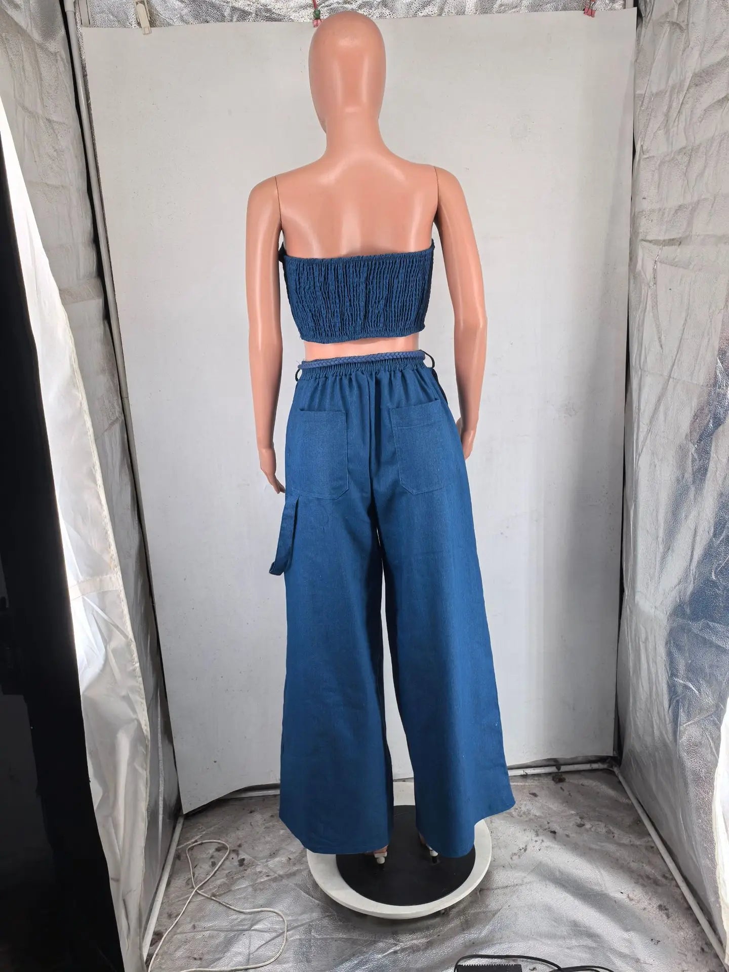 Women's Denim 2 - Piece Set - Strapless Crop Top & Wide Leg Jeans | Streetwear Outfit - EverHype