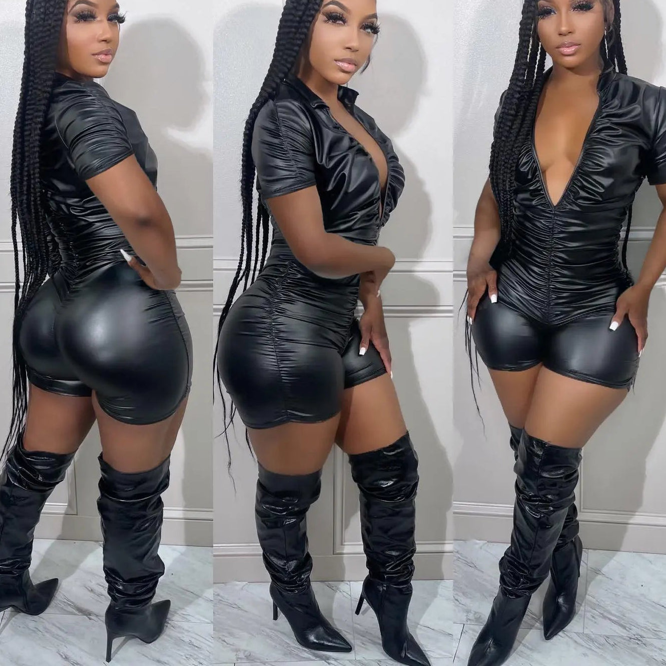 Women's Black Bodycon Romper - Deep V Short Sleeve Jumpsuit | Sexy Nightclub Overall - EverHype